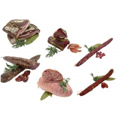 Lote: corte de panceta, salsichón, fuet extra, chorizo, corte de lomo de payés y taco de cabeza de jabalí.- .- Costabona